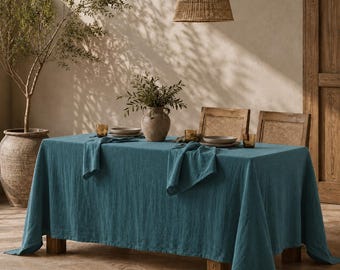 Tischdecke aus türkisblauem Leinen, Tischdecke aus gewaschenem Leinen, rustikale Esszimmerdekoration im Landhausstil, Boho-Tischwäsche, Tischdecke mit natürlicher Struktur |