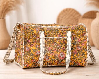 Handmade Floral Printed Duffel Bag, Boho Cotton Travel Bag, Weekender Gym Bag with Shoulder Strap, Overnight Carry On Bag for Women