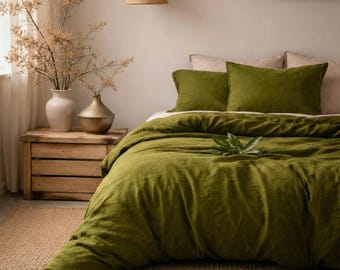 3 Piece Linen Bedding Set: Olive Green Duvet and Stonewashed Quilt Cover King Size Queen Bedding Size Comforter Cover King Queen Duvet Cover
