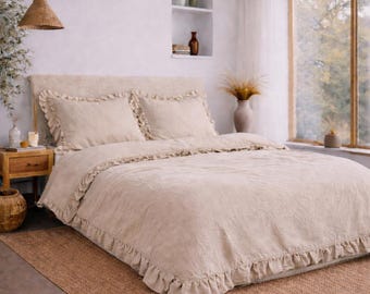 Natural Linen Duvet Cover Set, Ruffle Bedding Set, Soft Washed Linen, Rustic Bedroom Decor, Farmhouse Bedding, Queen King Size Duvet Set |