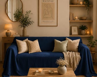 Funda de sofá de lino azul marino, funda para sofá, funda para sofá seccional, decoración de sala de estar, protector de muebles lavable, decoración minimalista para el hogar /