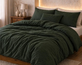 Minimalist Bedroom Decor, Forest Green Linen Duvet Cover Set, Washed Linen Bedding, Soft Textured Bedding Set, King Queen Twin Size |