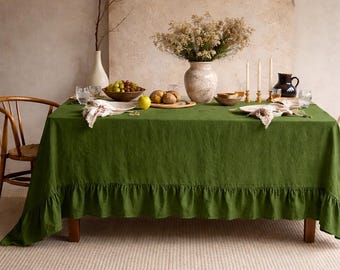 Mantel de lino con volantes, funda para mesa de estilo rústico, mantel de comedor rectangular y redondo, mantelería para mesa de boda, decoración neutra para el hogar estilo casa de campo, libre de impuestos.