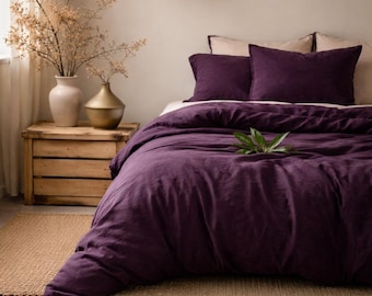Dark Purple Linen Duvet Cover Set, Soft Washed Linen Bedding 100% Stonewashed Quilt Cover King Size, Queen Bedding Full Size Comforter Cover