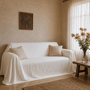 Weißer Leinen Couchbezug, Minimalistischer Sofabezug, Neutrales Wohnzimmerdekor, Boho Sofaüberwurf, Bauernhaus Couch Beschützer, rustikales Wohndekor