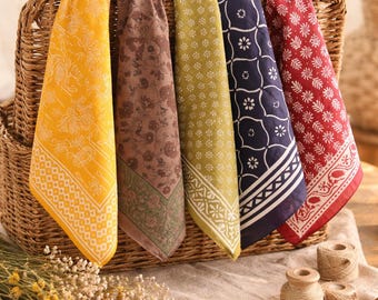 5er Set Baumwolle bedruckte Bandanas für Damen & Herren, Vintage Kopftuch mit geometrischem und Blumenmuster, weicher quadratischer Halsschal, Haarband |
