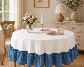 Mantel redondo blanco y azul vaquero con volantes, mantel de comedor estilo rústico, decoración de mesa cottagecore, mantelería elegante con volantes /
