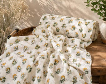 Leinenstoff mit Blumenmuster (Großpackung), handbedruckter Leinenstoff, gelber Blumenstoff mit grünem Blattmuster, natürlicher rustikaler Stoff für Kleider |