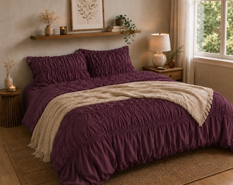 Luxury Plum Ruched Wrinkels Duvet Cover Set – Soft Ruffle Bedding Set with Matching Pillow Shams, Cozy Elegant Bedroom Comforter Cover |