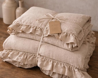 Natural Ruffled Linen Duvet Cover Set Ruffles Comforter Cover Donna Duvet Set pillow Quilt Cover,King Queen Bedding Set Linen Bed Cover