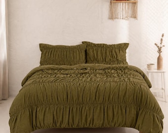 Olive Green Wrinkled Duvet Cover Set, Ruffled Comforter Cover, Boho Rustic Bedroom Decor, Soft Washed Cotton Bedding |