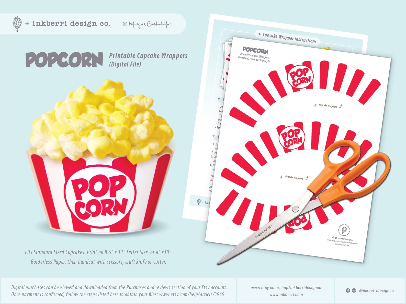 INSTANT DOWNLOAD Printable Popcorn Cupcake Wrappers Liners Etsy