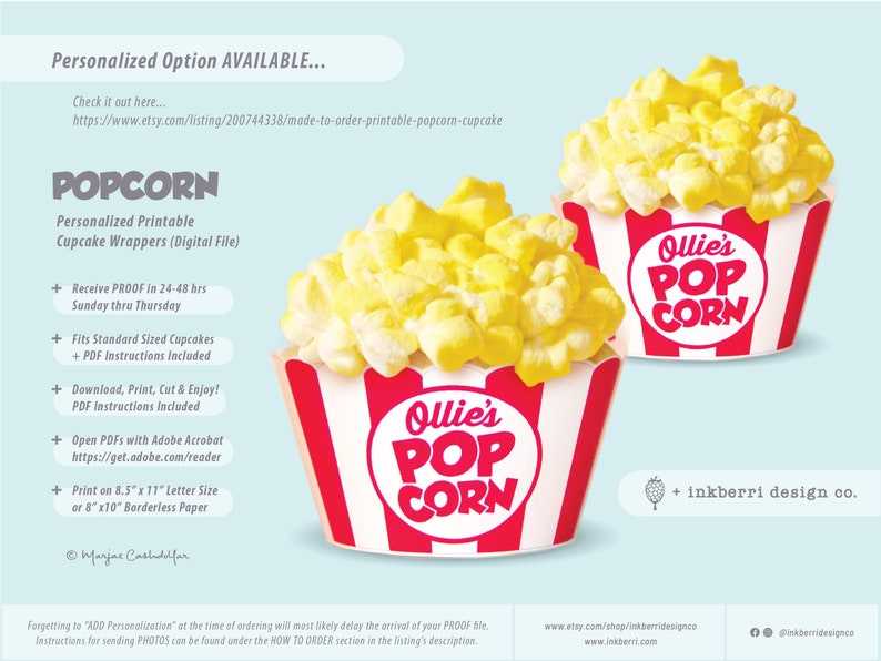 INSTANT DOWNLOAD Printable Popcorn Cupcake Wrappers Liners Etsy