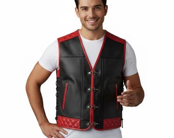 Men's Real Leather Biker Vest with Quilted Panels, Black and Red