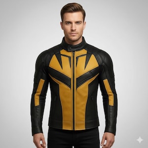 May include: Black and yellow leather jacket with a stand-up collar and a front zipper. The jacket features a geometric design with yellow panels and black accents. The sleeves have yellow stripes. A modern, stylish outerwear piece.