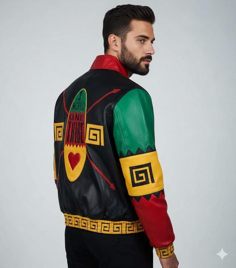 May include: Black leather jacket with red, green, and yellow detailing. The back displays the text "WORLD ONE TRIBE" with a heart and geometric patterns. The jacket has a red collar and cuffs, and green and yellow sleeves.