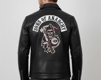 Handmade Sons of Anarchy Inspired Black Faux Leather Biker Jacket | Motorcycle Style Jacket