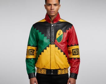 Handgefertigte, von Martin Lauren inspirierte, mehrfarbige Kunstlederjacke | Retro 90er Jahre Style Jacke