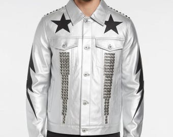 Handmade Studded Silver Faux Leather Jacket | Aaron Carter Inspired | Retro Pop Star Style Jacket