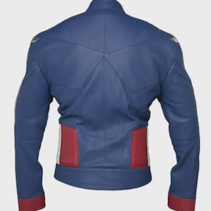 May include: A blue leather jacket with red and white accents. The jacket features a stand-up collar, a star-shaped design on the back, and red cuffs. Silver accents are on the shoulders.
