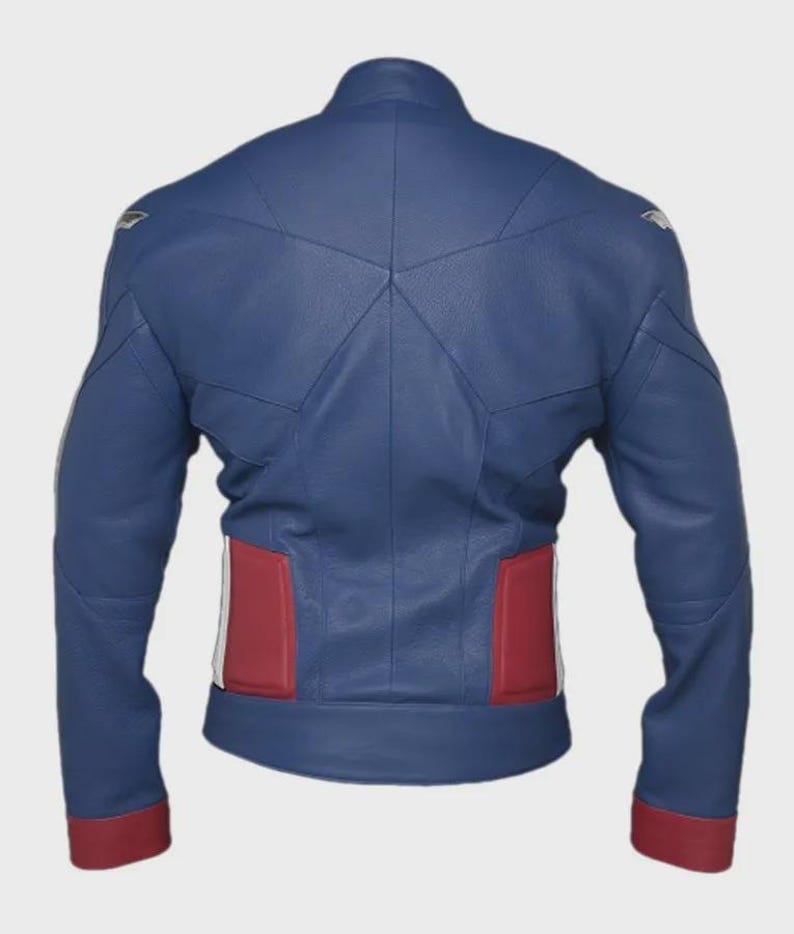 May include: A blue leather jacket with red and white accents. The jacket features a stand-up collar, a star-shaped design on the back, and red cuffs. Silver accents are on the shoulders.