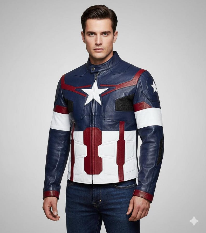 May include: A navy blue leather jacket with white and red accents, featuring a large white star on the chest and a smaller star on the shoulder. The jacket has a stand-up collar and a zipper closure. The jacket's design is inspired by a superhero.