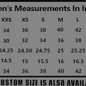 K&ouml;nnte beinhalten: Eine Gr&ouml;&szlig;entabelle mit der &Uuml;berschrift "Women's Measurements In Inches" zeigt Brust-, Taillen-, &Auml;rmel-, Schulter- und H&uuml;ftma&szlig;e f&uuml;r die Gr&ouml;&szlig;en XXS bis 2XL. Die Tabelle enth&auml;lt Ma&szlig;e wie 86 cm Brustumfang f&uuml;r XXS und 117 cm Brustumfang f&uuml;r 2XL.