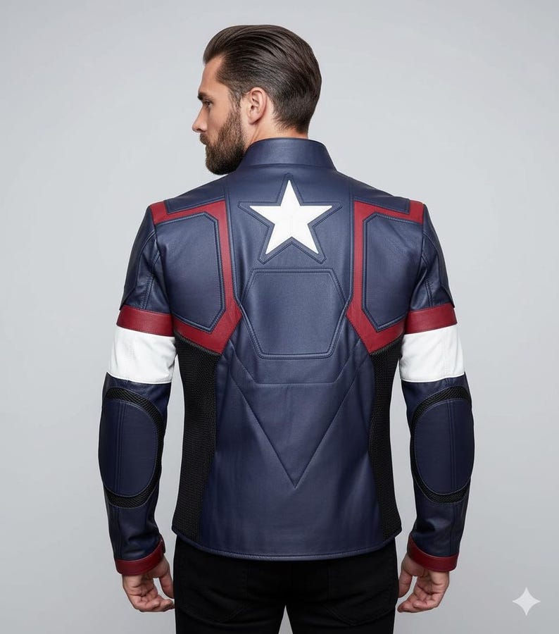 May include: A navy blue leather jacket with red and white accents, featuring a large white star on the back. The jacket has a stand-up collar and black mesh detailing on the sides and elbows. A superhero-themed garment.