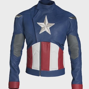 May include: A blue leather jacket with a silver star emblem on the chest. The jacket features red and white panels across the midsection, gray accents on the shoulders and sleeves, and red cuffs. A full-length zipper is visible.