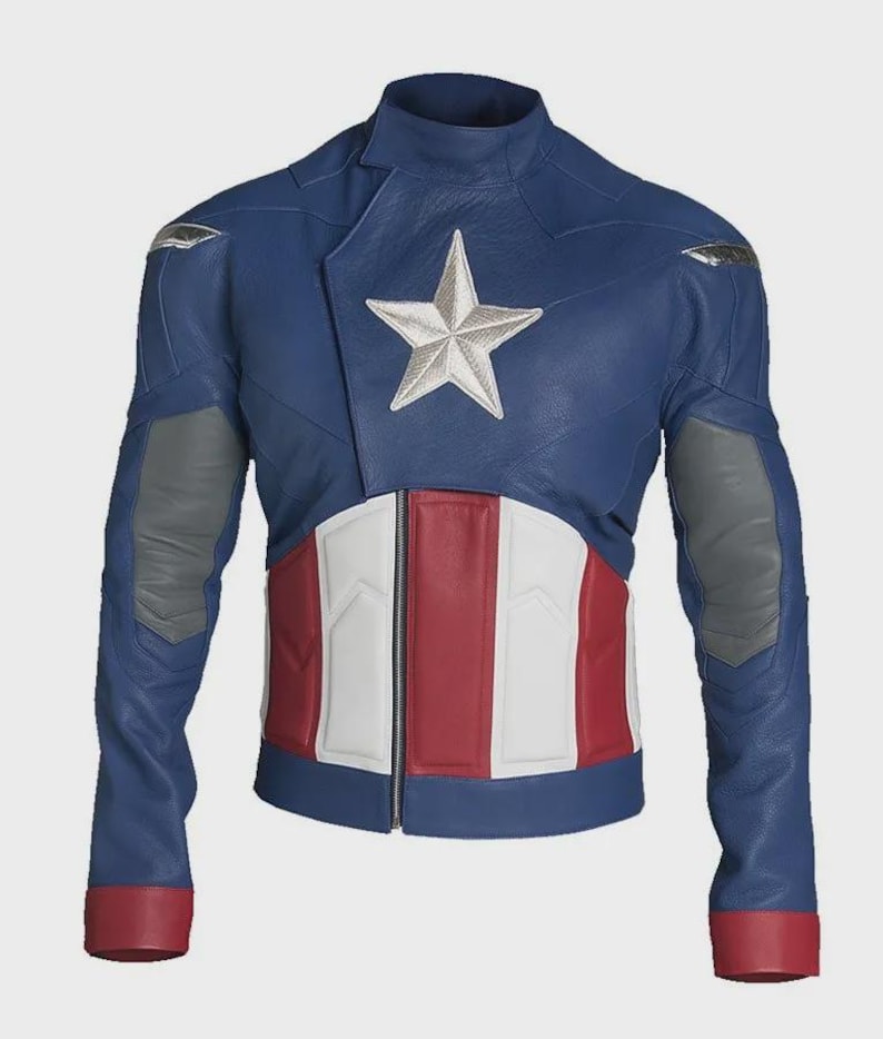 May include: A blue leather jacket with a silver star emblem on the chest. The jacket features red and white panels across the midsection, gray accents on the shoulders and sleeves, and red cuffs. A full-length zipper is visible.