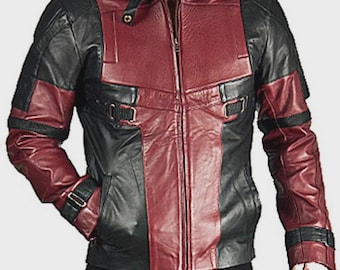 Chaqueta de piel sintética roja y negra inspirada en Deadpool, hecha a mano: chaqueta de cosplay estilo superhéroe.