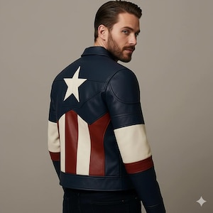 K&ouml;nnte beinhalten: Eine marineblaue Lederjacke mit einem wei&szlig;en Stern auf dem R&uuml;cken und rot-wei&szlig;en Streifen. Die &Auml;rmel sind wei&szlig; mit roten Akzenten. Eine von Superhelden inspirierte Jacke.