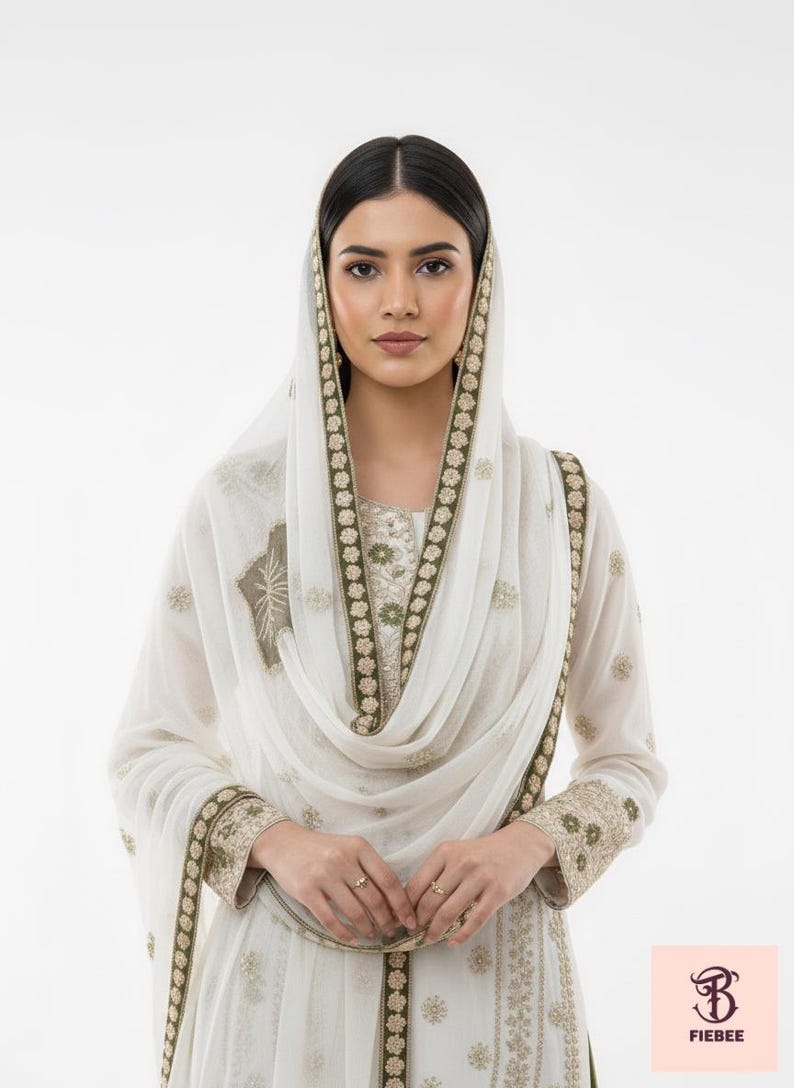 May include: A white outfit, including a tunic and scarf, embellished with gold and olive green embroidery. The scarf drapes over the head. The outfit is from FIEBEE, with the logo in the bottom right corner.