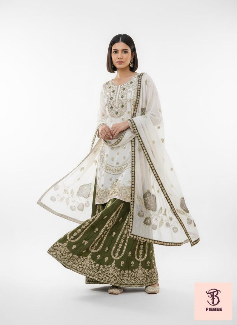 May include: An embroidered white and olive green salwar kameez outfit. The ensemble features a long-sleeved tunic, wide-legged trousers, and a matching dupatta. The gold embroidery decorates the neckline, sleeves, and hem, creating a formal appearance.