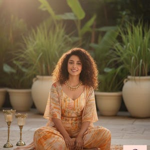May include: A woman in a matching orange and cream floral print outfit, including a top, trousers, and a flowing jacket. She is seated cross-legged on a stone surface, with a gold necklace and two candle holders nearby. The background features potted plants.