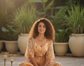 May include: A woman in a matching orange and cream floral print outfit, including a top, trousers, and a flowing jacket. She is seated cross-legged on a stone surface, with a gold necklace and two candle holders nearby. The background features potted plants.