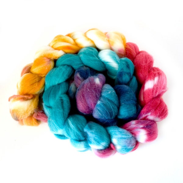 Hand-dyed Combed Top (Roving) Spinning Faux, Fake, Vegan Cashmere Fiber- "Wild Ride" 3.875 ounces