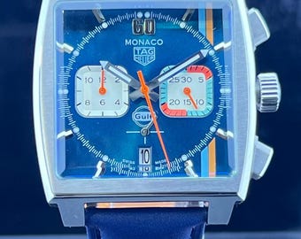 Vintage Men's TAG Heuer Monaco Gulf Blue Dial Chronograph Date Working Wristwatch