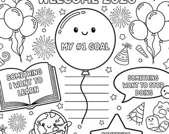 2026 New Year Goals Coloring Worksheet | Kids Activity (Instant Download)