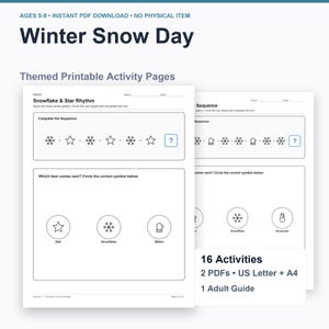 Może przedstawiać: Strony z ćwiczeniami do druku o tematyce Winter Snow Day dla dzieci w wieku 5-8 lat. Dokument zawiera czarno-białe arkusze z sekwencjami wzorów wykorzystującymi ikony płatków śniegu, gwiazdek i rękawiczek. Zawiera 16 zadań, 2 pliki PDF w formatach A4.