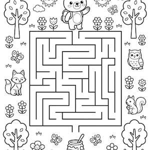 May include: Black and white forest-themed coloring page with a maze. The image includes a bear, fox, owl, squirrel, flowers, trees, butterflies, and a honey pot. Text reads "FOREST MAZE & COLORING!" and "Help the bear find the honey! Color the path and the forest."