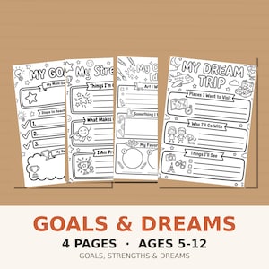 May include: Four black and white printable activity sheets featuring sections titled My Goals, My Strengths, My Creative Ideas, and My Dream Trip. Each page includes line art illustrations like stars, trophies, a plane, a camera, and blank spaces for writing.