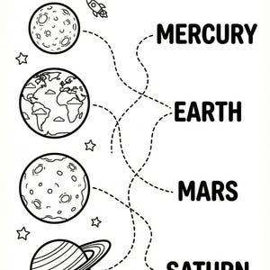 May include: Black and white educational worksheet titled "Match the Planets!" featuring illustrations of planets, rockets, and stars. The worksheet includes the names Mercury, Earth, Mars, and Saturn, with dotted lines for matching.