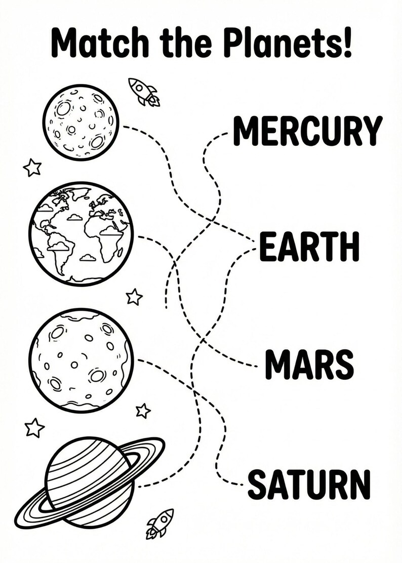 May include: Black and white educational worksheet titled "Match the Planets!" featuring illustrations of planets, rockets, and stars. The worksheet includes the names Mercury, Earth, Mars, and Saturn, with dotted lines for matching.