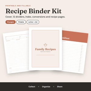 Rezeptordner-Set zum Ausdrucken, bearbeitbare Rezeptseiten, 12 Trennblätter, Rezeptverzeichnis, Umrechnungstabelle für Küchenumrechnungen, ausfüllbares PDF