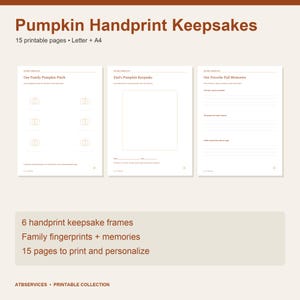Puede incluir: Un conjunto de 15 páginas imprimibles tituladas Pumpkin Handprint Keepsakes, en tamaños Letter y A4. Las páginas incluyen plantillas para huellas dactilares familiares, un marco Dad's Pumpkin Keepsake y espacio para recuerdos de otoño.