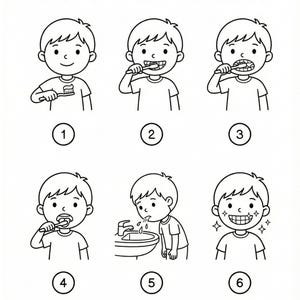 May include: Black and white worksheet titled "Brush Your Teeth: Correct Order Worksheet." The worksheet shows a sequence of six steps demonstrating how to brush teeth. Each step features a cartoon illustration of a child performing the action.