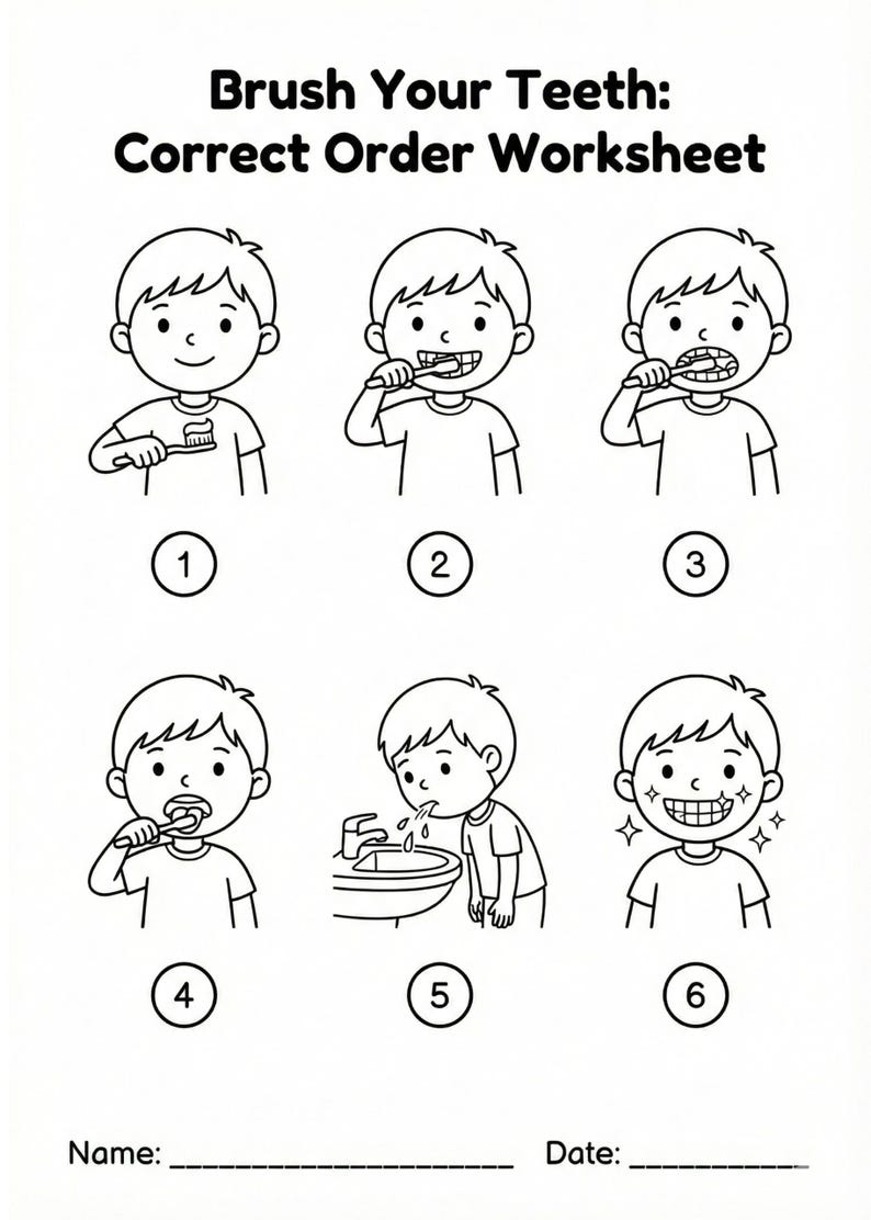 May include: Black and white worksheet titled "Brush Your Teeth: Correct Order Worksheet." The worksheet shows a sequence of six steps demonstrating how to brush teeth. Each step features a cartoon illustration of a child performing the action.