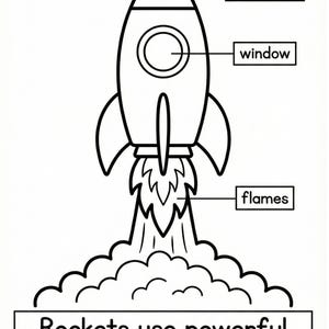 May include: Black and white line drawing of a rocket ship taking off. The rocket has a nose cone, a window, and flames. Text at the bottom reads, "Rockets use powerful engines to fly into space."