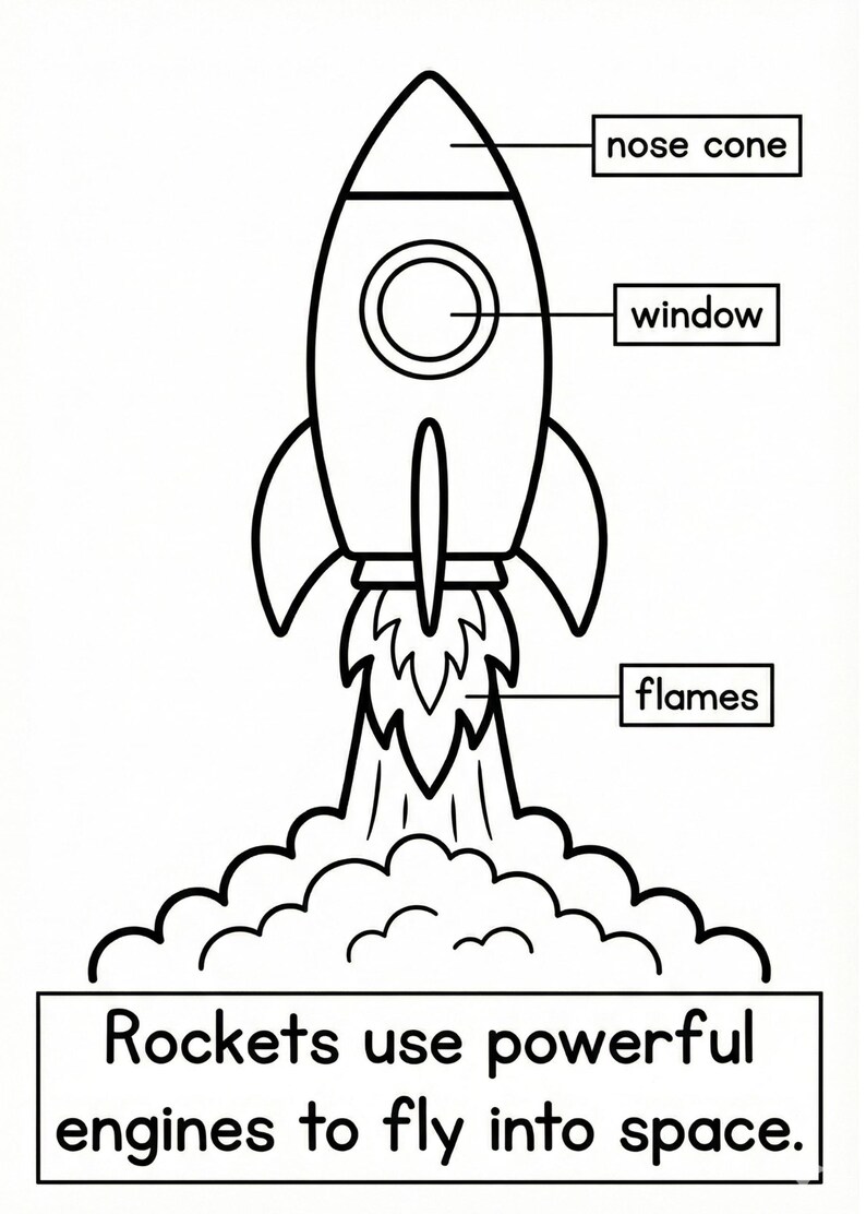 May include: Black and white line drawing of a rocket ship taking off. The rocket has a nose cone, a window, and flames. Text at the bottom reads, "Rockets use powerful engines to fly into space."